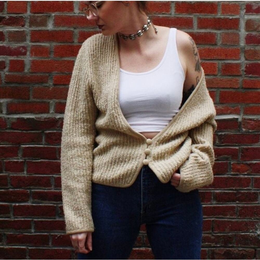 Vintage Beige Chunky Knit Button Cardigan